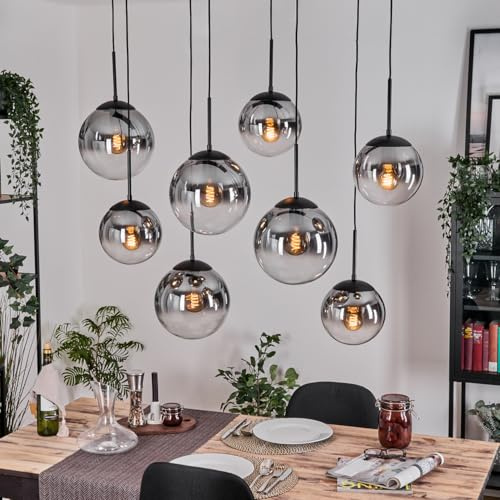 HOFSTEIN Hängeleuchte Gastor, 8-flammige Hängelampe aus Metall/Glas in Schwarz/Rauch/Klar, moderne Pendelleuchte im Retro/Vintage-Design (Schirme Ø 20; 25 cm), E27, Esszimmer, Küche, Wohnzimmer