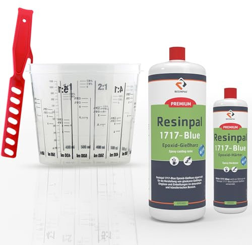 1 kg Resinpal 1717-Blue (Gießharz) + 0,5 kg Härter | Inkl. 750ml Mischbecher & 280mm Rührstab | Glasklares Epoxidharz für Gießen, Beschichten & DIY-Projekte
