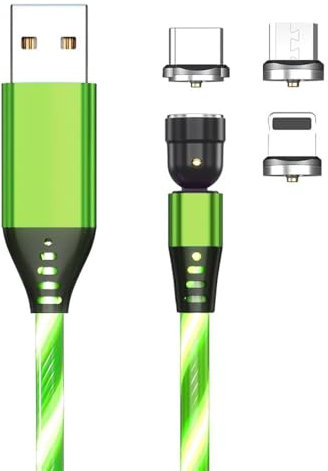 Reflex Power - Cable de carga magnético USB 3 en 1 3 en 1 para iPhone/iPad, micro USB, tipo C, carga rápida de 2,4 A, TPE duradero, diseño magnético giratorio de 360°/180°, LED verde brillante
