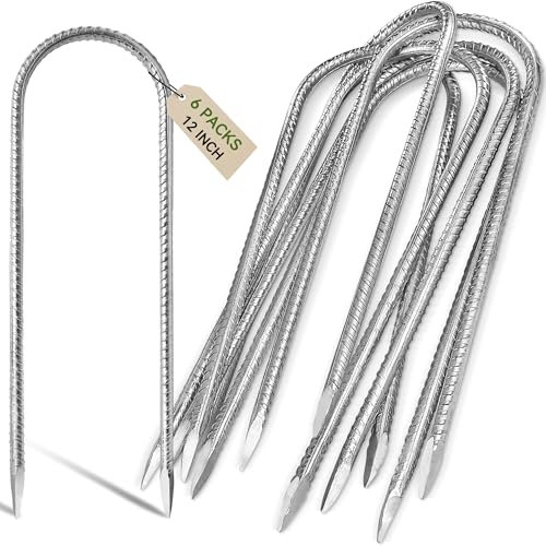 Graxury 12inch Heavy Duty Trampoline Tents Anchor Ground Pegs - Galvanized Steel Rust-Proof U Hook Rebar Stakes Fit Camp Garden Shed Swings with Chisel Point End Silver (6 PCS)