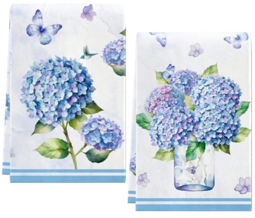 Disoza Blaue Hortensie Mikrofaser Geschirrtücher 60 * 40 cm Baumwolle Küchentücher Gastronomie,2 St. Haushaltshelfer Trockentücher Küchentuch Handtuch Küchenorganizer