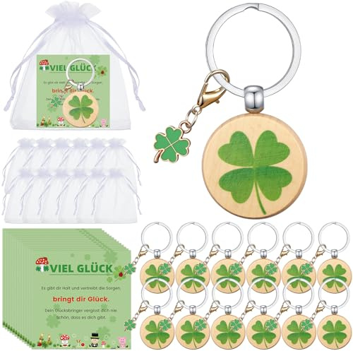 Kasyat 12 Set Glücksgeschenken Umfasst 12 Glücksbringer Schlüsselanhänger 12 Engel Schlüsselanhänger 12 Grußkarte und 12 Weiße Organza Säckchen mit Kordelzug