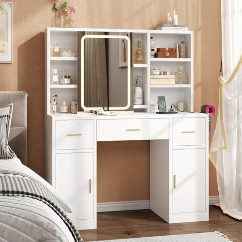 knoworld Dressing Table with Mirror & Lights, Modern Vanity Desk with Charging Station, Hairdryer Holder, 7 Shelves, 3 Drawers & 2 Cabinets, Makeup Vanity Table with Hidden Storage for Bedroom, White