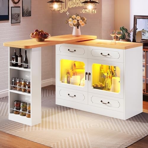 Gxffipw 360° Drehbarer Bartisch Höhe 92.8 cm mit LED Licht und 4 Schublade, Drehbare Esstisch mit Stauraum, Sideboard Bartisch Küche mit Glastür, Küchenschrank Barschrank für Esszimmer, Weiß