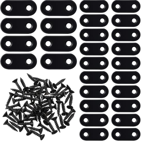 30 Pack Black Flat Brackets for Wood Mending Plates Stainless Steel Flat Plate Brackets Repair Mending Bracket Plate for Wood Furniture Metal Joining Plates with Screws Black