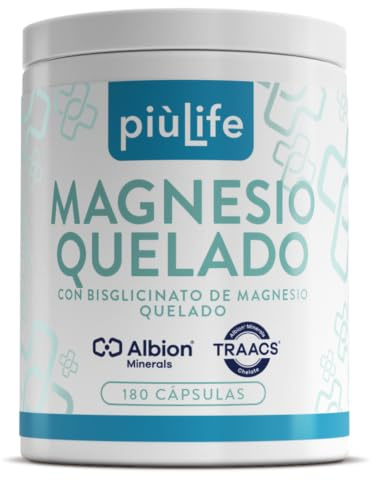 Chelated Magnesium PiùLife, 337,5mg Magnesio Bisglicinato Albion TRAACS | Con Vitaminas B6, B5, B1, 180 Cápsulas, Función Muscular, Sistema Nervioso, Contribuye a Reducir el Cansancio y la Fatiga