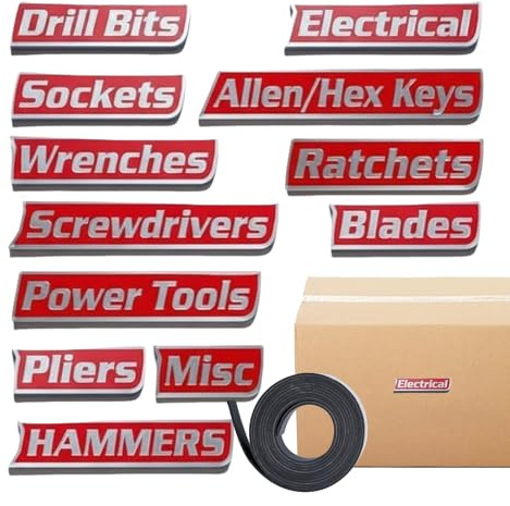 Magnetic Tool Box Signs - 3D Printed Signs with Magnetic Stickers, Tool Box Drawers | For Identification in Garage Cupboard Workshop and Household