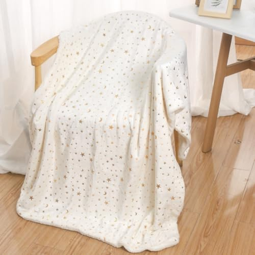 Hixingo Kuscheldecke mit Sternen und Mond - Flauschige Flanell Fleece-Decke als Wohndecke, Sofaüberwurf & Bettdecke, Weich und Warm für Schlafzimmer, Wohnzimmer und Reisen (Beige,110x140cm)
