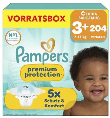 Pampers Premium Protection Größe 3+, 204 Windeln, 7kg-11kg