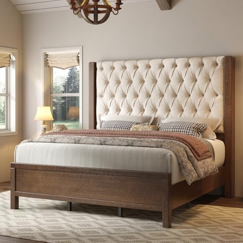 Jocisland Solid Wood King Size Bed Frame, 57 Tall Farmhouse Platform Beds, Upholstered Line Wingback Headboard, Deep Button Tufted, No Box Spring Needed, Easy Assembly, Dark Walnut
