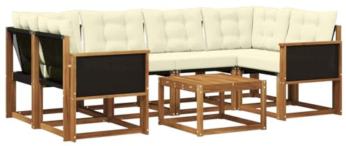 vidaXL Outdoor-Sofagarnitur mit Kissen 7 pcs Natur und Creme, Moderne Garten-Sofa-Garnitur, Robustes Akazienholz, Bequeme Terrasse, stilvolle Couch zum Entspannen