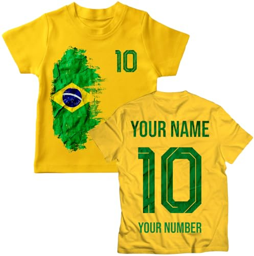 Brasilien 2026 personalisiertes Kinder Fußball-Fan-T-Shirt aus Baumwolle mit Grafik, individueller Name und Nummer, Kurzarm-Supporter-Shirt