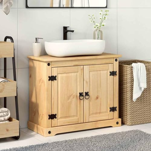 Mobile sottolavabo 73 x 33 x 60 cm, in legno di pino massiccio con finitura a cera di miele, armadietti da bagno rustici con maniglie in metallo, dimensioni porta 30 x 46,5 cm, serie Corona