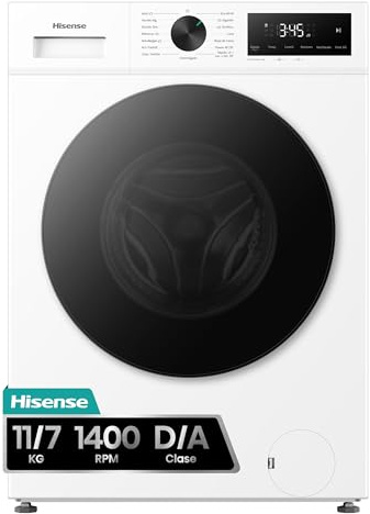 Hisense WD1I1142BWL2 - Lavasecadora 11 Kg/7 Kg, Fondo 59cm, 1400 rpm, Lavado y Secado 59', Dispensador Automix, Auto Wash, iFit™ Fondo Optimizado, Función Vapor 99,9%, Lavado Pure Jet, Blanco