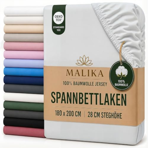 MALIKA Spannbettlaken 180-200x200 cm - 100% Baumwolle Oeko Tex - Grau - Jersey Spannbetttuch 180x200