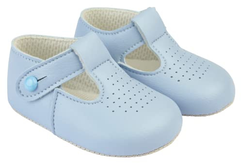 EARLY DAYS Baypods, Baby Shoes for Boys & Girls, Soft Soled Pre Walker Shoes, Soft Faux Leather Baby Boys & Baby Girls Shoes, B625 T Bar Style Shoe, Hole Punch, Made in England, Sky Blue, 2 UK Child