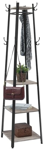 VASAGLE Coat Rack, Coat Stand with 3 Shelves, Hall Tree Free Standing with Hooks for Scarves, Bags, Umbrellas, Steel Frame, Industrial Style, for Entryway, Living Room, Greige and Black ULCR080B02