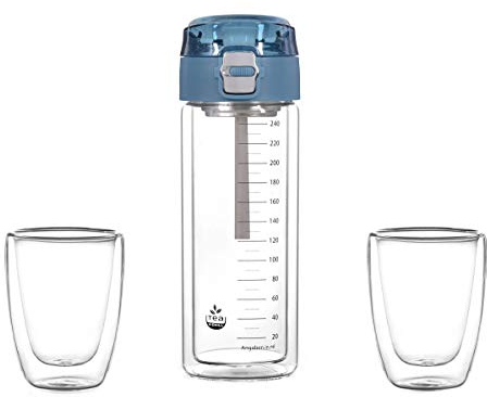 Matcha-Shaker MATCHA2go: Teeflasche to go aus Glas für die schnelle Matcha Tee Zubereitung ohne Besen. Thermoflasche für Outdoor inkl. 2 Teegläser.