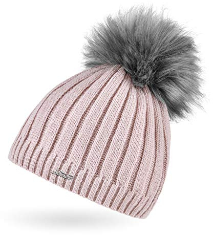 Neverless® Damen Strick-Mütze gefüttert Fell-Bommel Kunstfell Bommelmütze Fleece-Innenfutter rosa