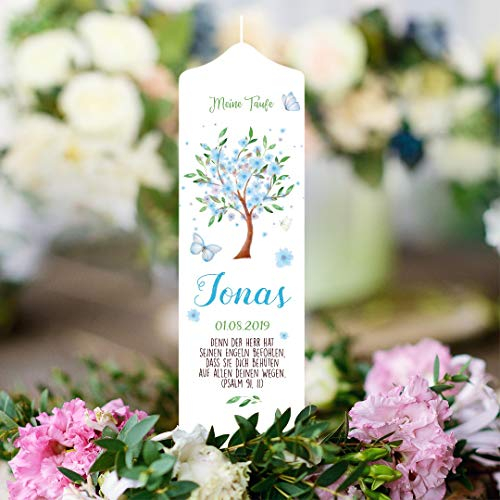 Wandtattoo Loft Taufkerze Mädchen oder Junge mit Taufspruch, Motiv Baum mit Blüten, 25cm x 7cm, personalisierte Kerze, bedruckte Kerze Taufe, Stumpenkerze zur Taufe, individuelles Taufgeschenk