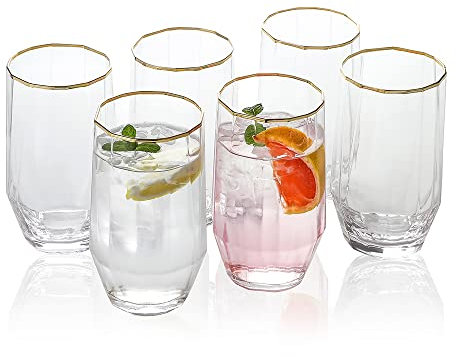 Everest Global Polyhedron Gold Rim Clear Crystal Glass Highball 21.5oz set of 6 Blown Rock Cups For Old Fashion Soda Juice Milk Coke Beer Tea Spirits Water Ice Beverage