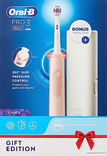 Oral-B Pro 3 Electric Toothbrush with Smart Pressure Sensor, 1 3D White Toothbrush Head & Travel Case, 3 Modes with Teeth Whitening, Gifts for Men/Women, 2 Pin UK Plug, 3500, Pink, 100 Grams