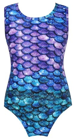 TiaoBug Mädchen Meerjungfrau Badeanzug Bikini Schwimmanzug EIN-Schulter mit Rüschen Kinder Bademode Beachwear 98 104 110 116 122 128 134 140 146 152 158 164 176 Blau Fisch D 146-152