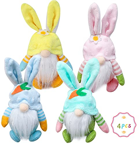 Zoonvii 4 Pcs Plüsch Osterwichtel, Wichtel Frühling Osterhase Deko,Ostern Deko Wichtel Handgemachte Figuren, Frühlingsdeko Tisch Basteln Wichtel,Osterhase für Oster Party Geschenke Aufhängen Deko