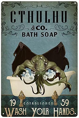 Lustiges Badezimmer Oktopus Metallschild Cthulhu Badewanne Kapsel Waschen Sie Ihre Hände Blechschild Retro Plakette Wanddekoration für Haus Garten Küche Pub Bar Cafe Man Höhle 20,3 x 30,5 cm