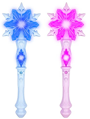 KingGlee Light Up Frozen Snowflake Wand with Sound(Motion Sensitive) Magic Toy for Kids Girls Princess Party Favors Costume Cosplay Accessories 2 Pieces Blue & Pink