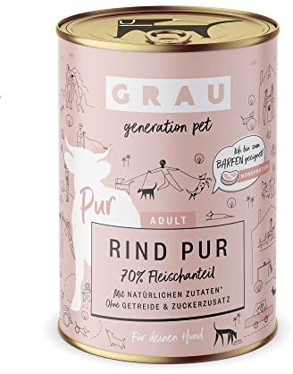 GRAU generation pet Rind Pur | 6 x 400 g | Nassfutter für Erwachsene Hunde | Rind als einzige tierische Proteinquelle | Zum BARFen, selbermixen oder als Ausschlussdiät geeignet
