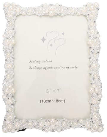 Hochzeitsdekor, Bilderrahmen mit Perlen, Metall-Bilderrahmen, Vintage-Foto-Display, Kristalldekoration, 17,8 cm, für Jahrestag, Hochzeit