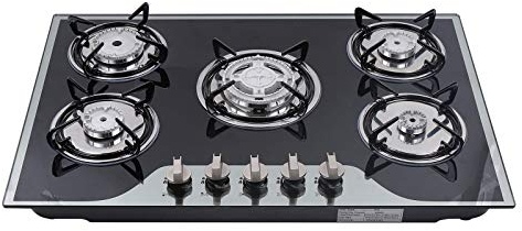 BuRuiYoten Gas Hob, 5 Burners, Tempered Glass & Aluminium, 10.0 Watts, 10250 BTU, Automatic Ignition, Gas Powered
