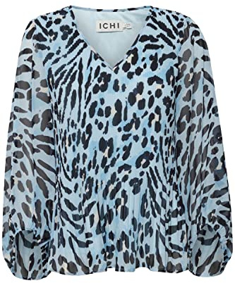 ICHI IHELLY MS Damen Lange Bluse Langarm Florale Plissee-Bluse mit verkürzten Ärmeln und elastischen Bündchen V-Ausschnitt Regular Fit, Größe:40, Farbe:Little Boy Blue Leo Print (201893)