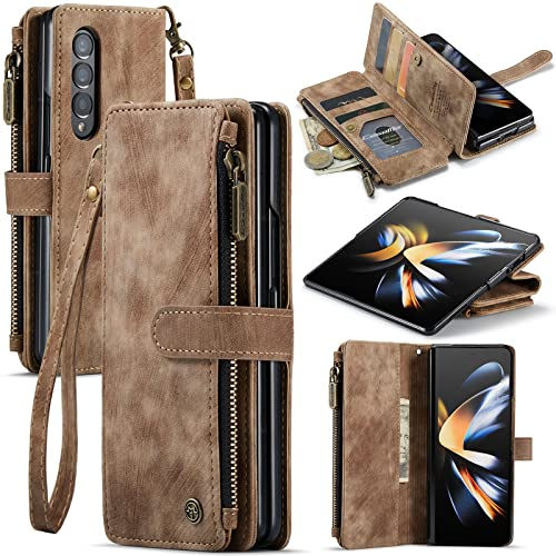 UEEBAI Handyhülle für Samsung Galaxy Z Fold 4 5G, Retro Reißverschluss Hülle PU Leder Weiche Klapphülle Magnetverschluss Kartenfach Standfunktion Geldbörse mit Trageband Schutzhülle - Braun