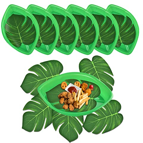 Corsehild 12 PCS Palm Leaf Snack Tray Hawaii Style Reusable Food Tray Plastic Palm Leaf Plates Serving Platter with Tropical Imitation Green Plant Leaves, Cookies Chips Candy Dip for Jungle Party