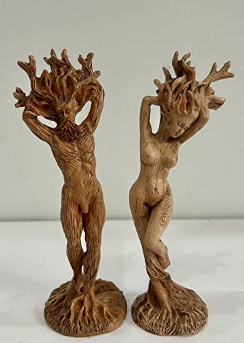 Marsrut Waldgöttin-Statue, Baumgott-Set, Skulptur-Figur, kreatives Kunstharz, Greenman, Greenwoman, Paar, Mutter, Erde, Leben, böhmische Ornamente für Gartendekoration, Heimhandwerk (Holz), 2 Stück