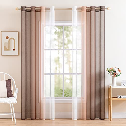 MIULEE Hellkaffee Zweifarbig Voile Gardinen mit Ösen 140x185cm 2er Set | Zweifarbiger transparenter Voile Stoff mit sanfter Lichtdurchlässigkeit, Ösenaufhängung, passend für Schlafzimmer