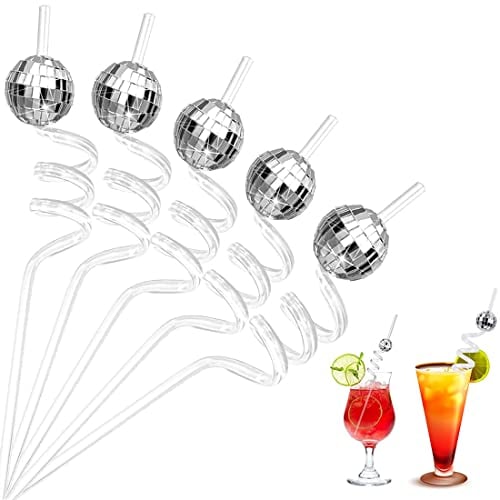 20 Pieces Disco Ball Glitter Mirror Ball Decor Straws Disco Party Decorations Silver Plastic Straws for 1970s Disco Fever Bachelorette Decorations