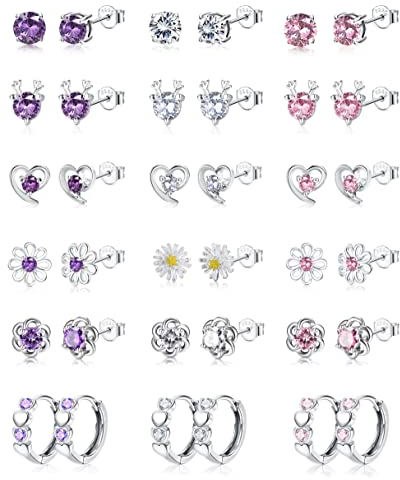 JeweBella 18 Paar Silber Ohrstecker Set für Damen Mädchen Kinder 925 Sterling Silber Pin Hypoallergen Rosa Lila Blume Herz Hirsch Cubic Zirkonia Ohrringe Set Herz Kleine Creolen Schmuck Geschenk