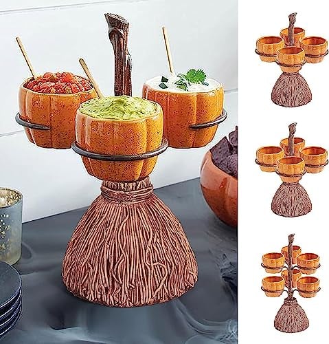 KENANLAN Mini Halloween Resin Pumpkin Bowls on Broom for Serving Snacks Salad Fruit Halloween Party Supplies Decorations (3)
