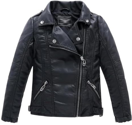 Lengender Giacca in pelle sintetica per ragazzo e ragazza - Cappotto in pelliccia sintetica - Giacca da motociclista per bambini (120), Nero , 120 cm