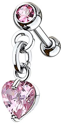 Taffstyle Piercing Stecker Kette Herz Herzform Anhänger Hängend Strass Glitzer Kristall Ohr Cartilage Tragus Helix Ohrpiercing Knorpel Barbell Stab mit Kugel Lang Silber Rosa