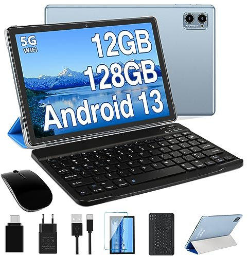 Oangcc 2023 Neueste Tablet 10 Zoll Android 13 OS, 12GB RAM +128GB ROM(TF 1TB), 5G+2.4G WLAN | 2.0 Ghz 8 Core | 5+8MP | BT 5.0 | AGPS | 6000mAh | Widgets | GMS Certified Tablets mit Tastatur- Blau