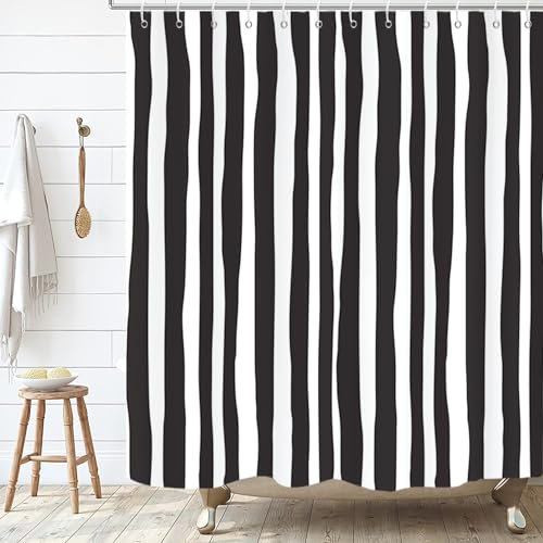 GKLEASG Rideau de douche noir et blanc, à rayures, style bohème, minimaliste, moderne, imperméable, lavable en machine, pour décoration de salle de bain, baignoire avec crochets, 183 x 183 cm