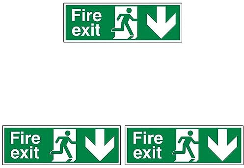 VSafety Fire Exit Arrow Down Sign - Landscape - 450mm x 150mm - Self Adhesive Vinyl (Pack of 3)