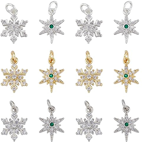 SUPERFINDINGS 12 Stück 6 Stil Messing Stern Schneeflocken Anhänger Gemischte Farben Zirkonia Charm Mit Biegering Beschichtung Winter Weihnachtsanhänger Loch: 3.5mm