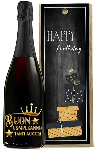Bottiglia di vino personalizzata con cassa legno ideale per regalo di compleanno. (Prosecco DOC, Happy birthday)