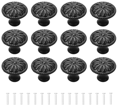 RUNEAY Möbelknöpfe Vintage Schwarz 12 Stück, Kunststoff Schrankknöpfe Vintage 32mm ABS Schubladenknöpfe Vintage Türknöpfe Kommodenknöpfe Vintage knauf für Schrank, Schubladen, Türknauf