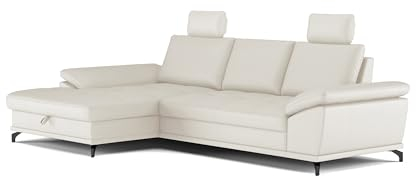 Cavadore Eckcouch Castiel mit Federkern / Ecksofa mit XL-Longchair, Bett, Bettkasten, Sitztiefenverstellung, Kopfstützen und mattschwarzen Metallfüßen / 301 x 89-114 x 176 / Echtleder, Weiß